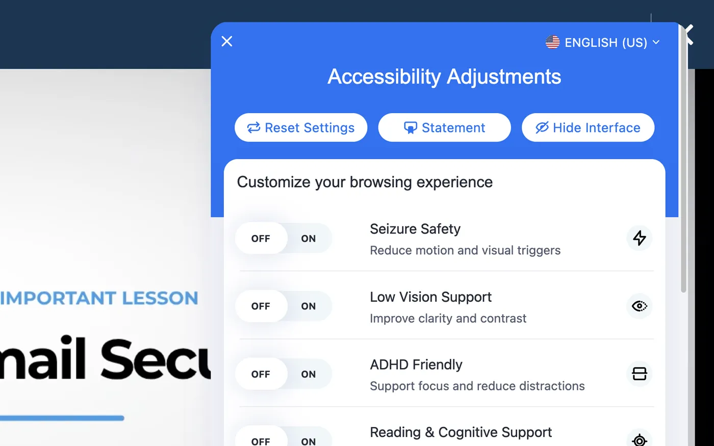 CFISA training screen with the accessibility tools expanded