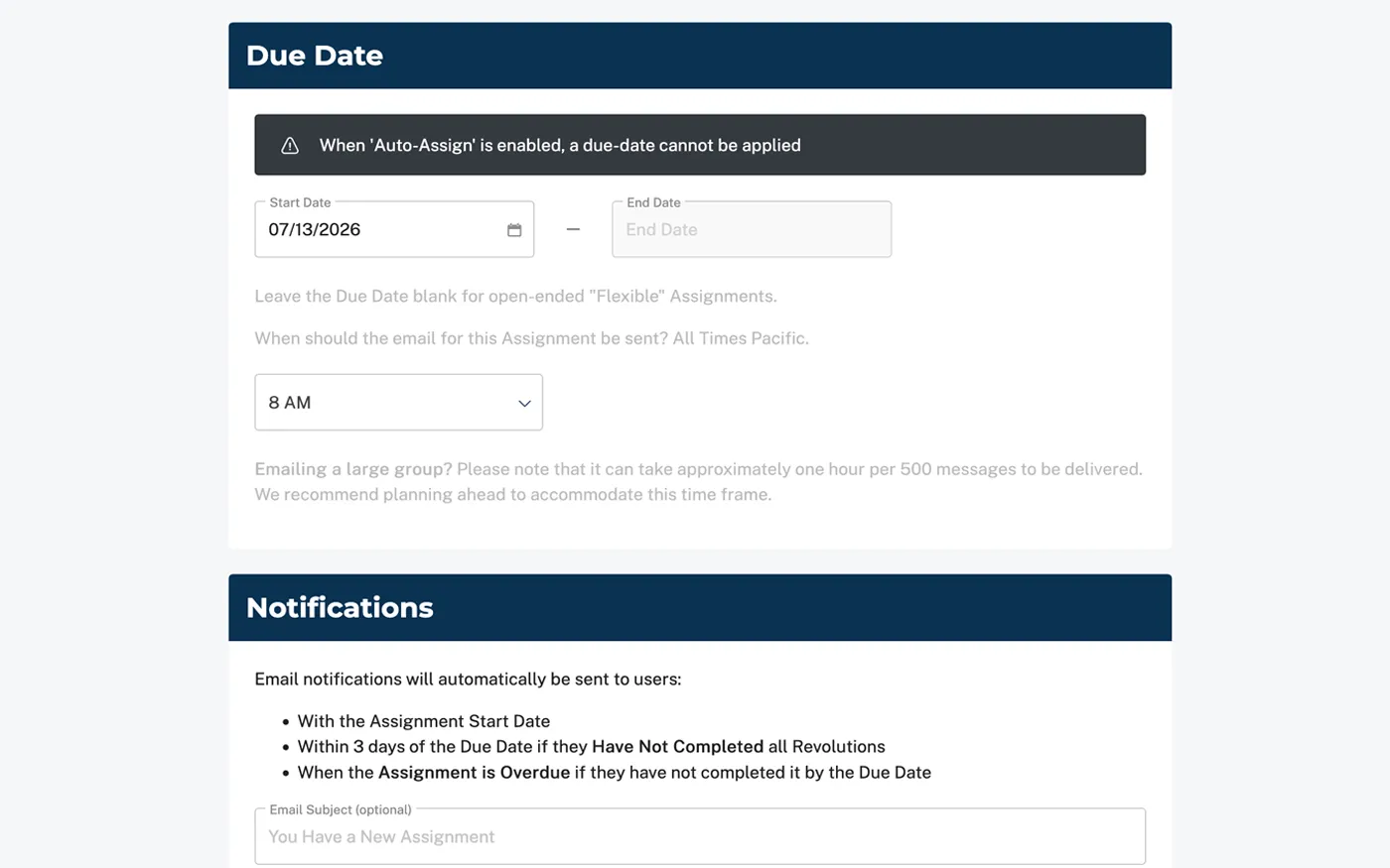 CFISA assignment screen for setting due dates, notifications, and recurring progress reports
