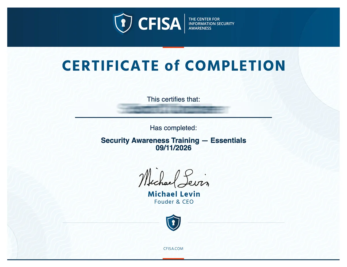 CFISA Certificate of Completion issued after successful Security Awareness Training