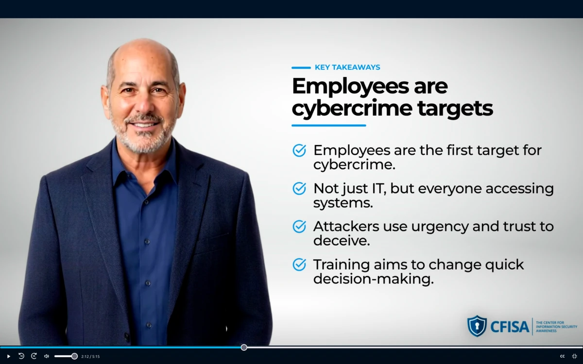 Michael Levin presenting key takeaways about employees as cybercrime targets in CFISA Security Awareness Training.